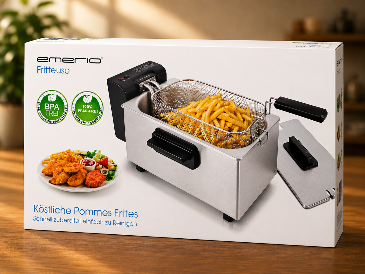 EMERIO DF-132653 Fritteuse 3L 2000W Kaltzone Edelstahl PFAS frei Küche HO-A22