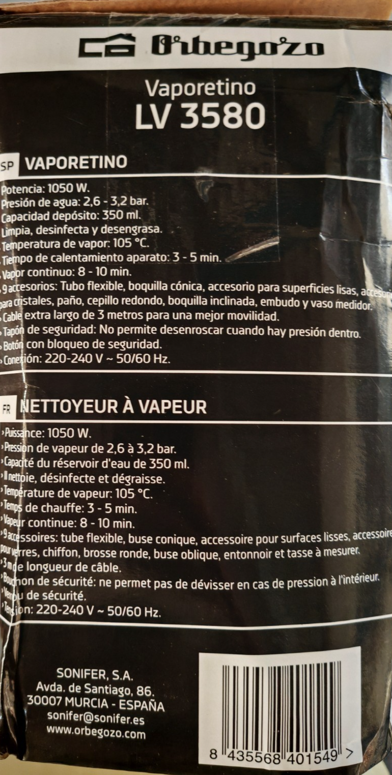 Orbegozo LV3580 Dampfreiniger 1050W 3,2 Bar 350ml inkl. 9 Zubehörteilen B-02