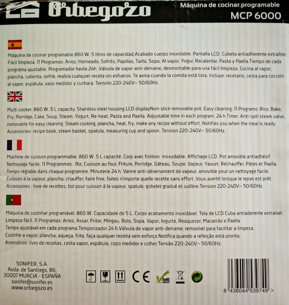 Orbegozo MCP6000 Küchenmaschine 5L LCD Display 11 Programme Timer Set C-04