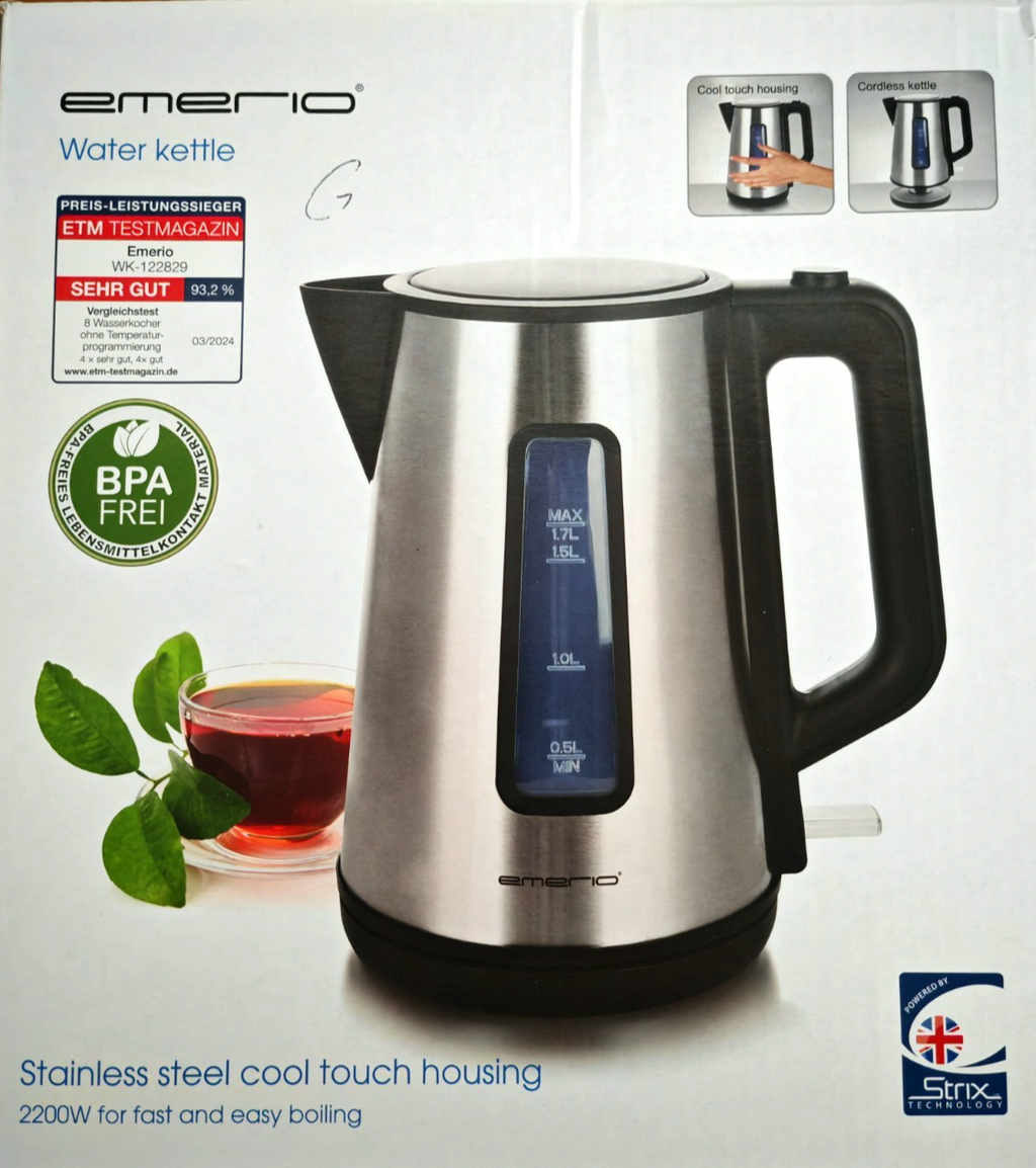 Emerio Wasserkocher 1,7L 2200W Cool Touch Edelstahl Schwarz BPA-frei F3
