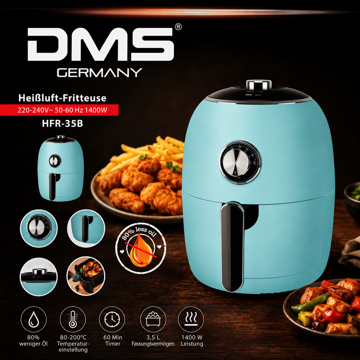 DMS Retro Heißluftfritteuse 3,5L 1400W Blau Airfryer fettarm HFR-35 HO-A21