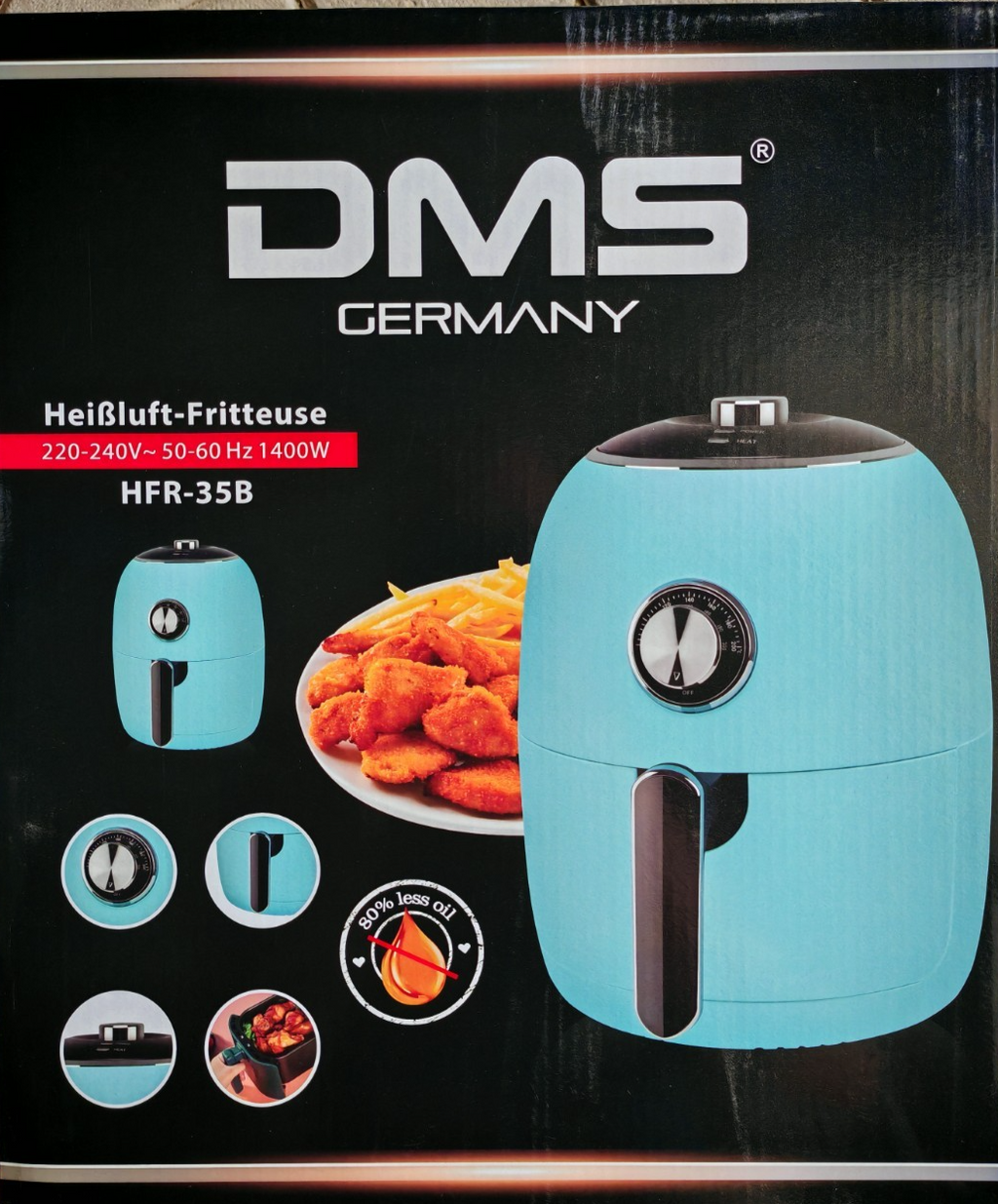 DMS Retro Heißluftfritteuse 3,5L 1400W Blau Airfryer fettarm HFR-35 HO-A21
