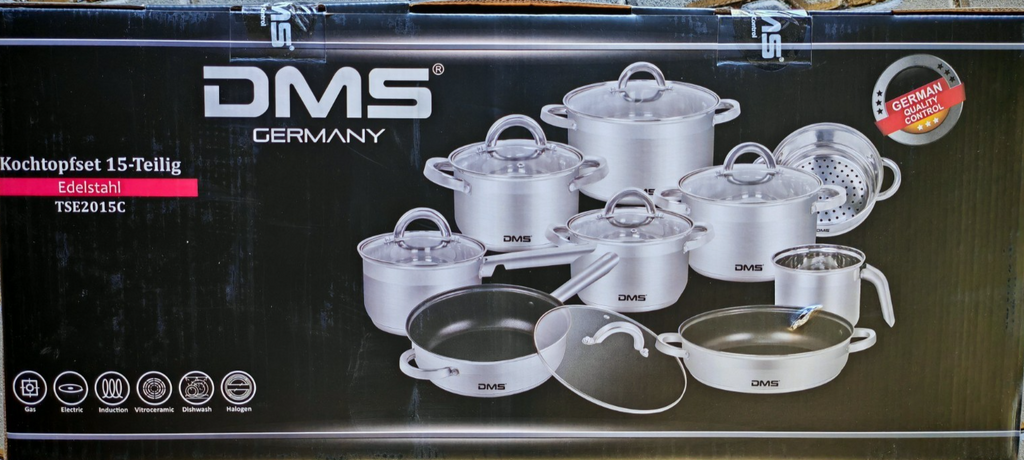 DMS TSE2015C Topfset 15tlg Edelstahl Glasdeckel Induktion Kochgeschirr HO-A22
