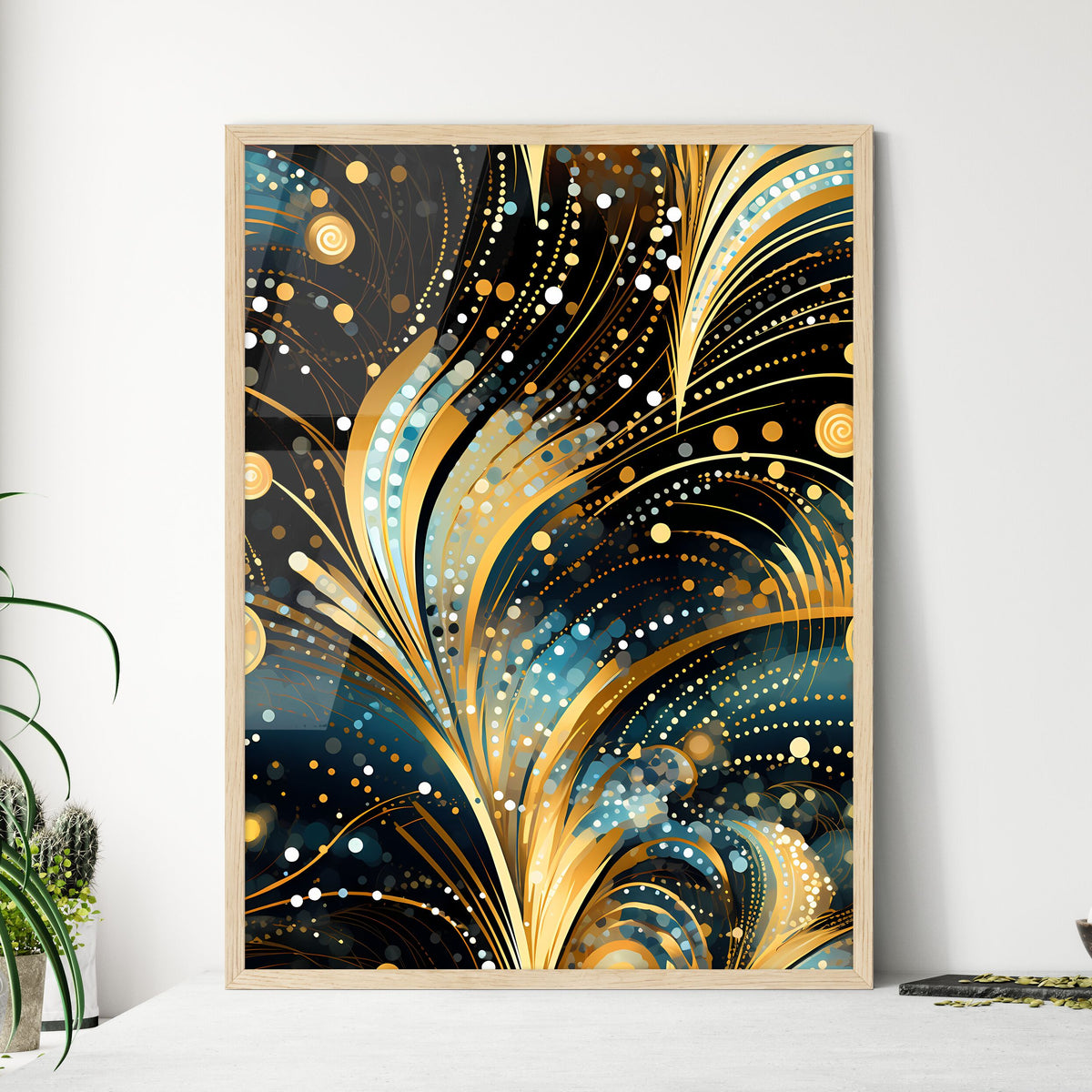 Dotted Geometric Ornament In Art Deco Style - A Gold And Blue Swirls And Dots