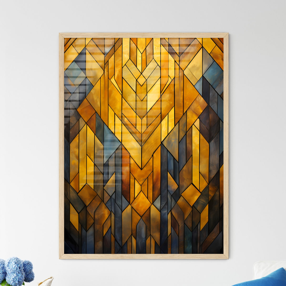 Geometric Ornament In Art Deco Style In Old Gold - A Stained Glass Window With Different Colored Shapes