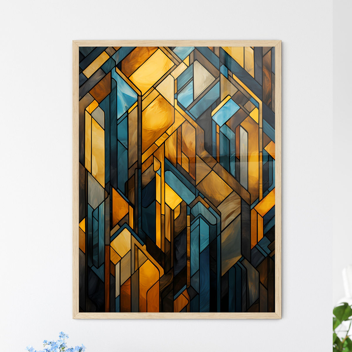 Geometric Ornament In Art Deco Style In Old Gold - A Stained Glass Window With Many Different Colored Shapes