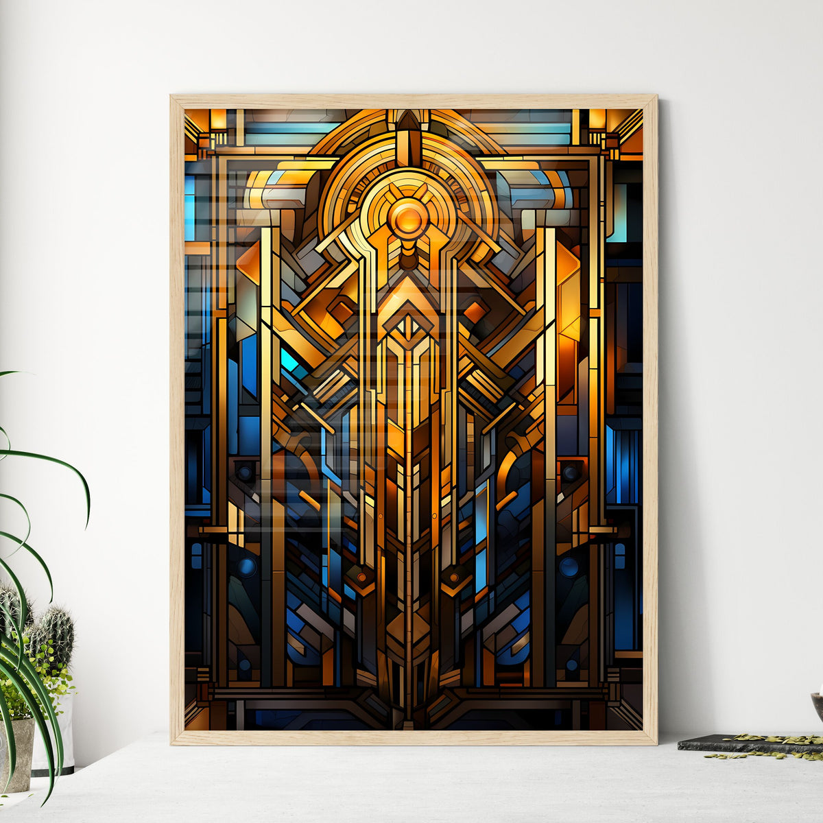 Geometric Ornament In Art Deco Style In Old Gold - A Stained Glass Window With A Design