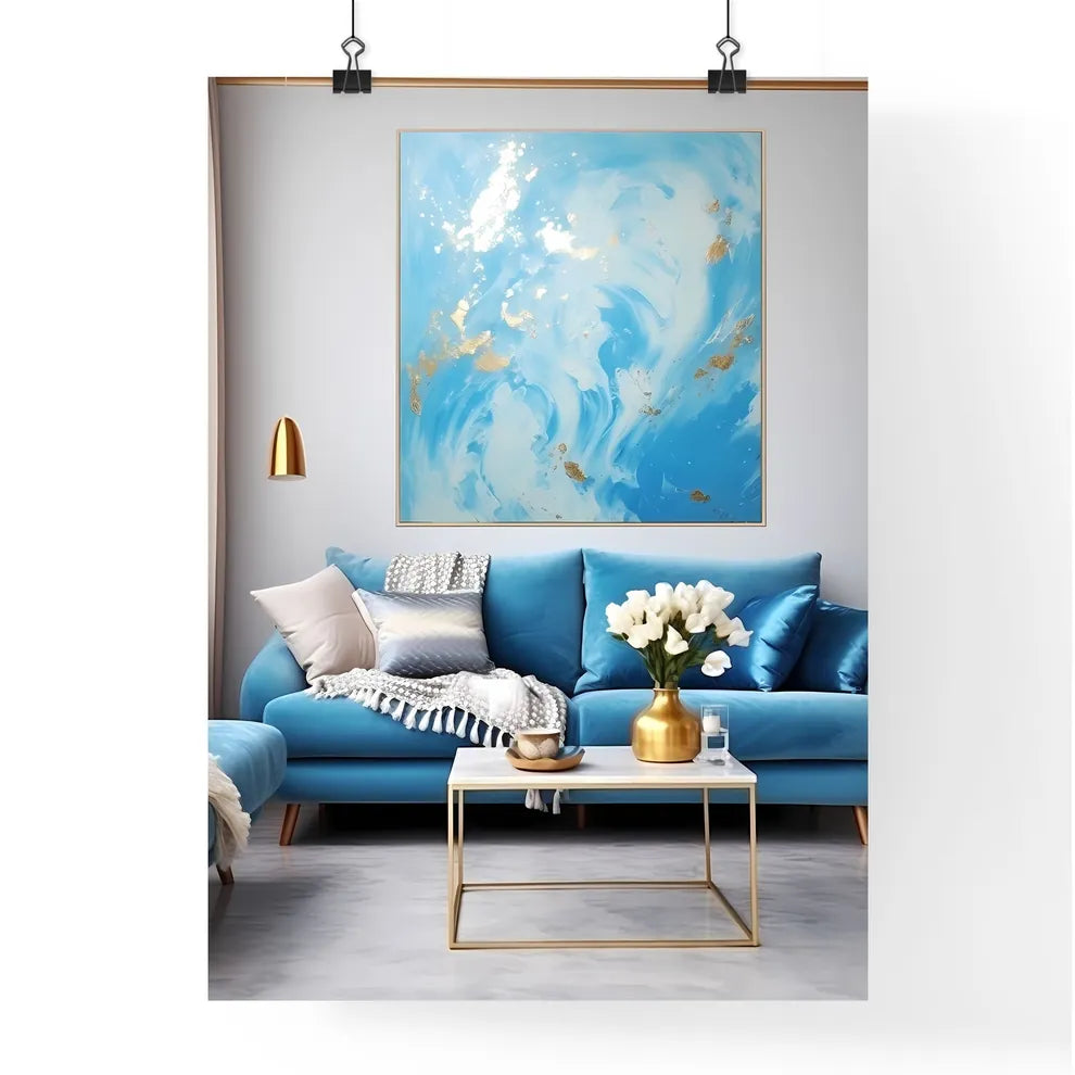 Blue And Gold Living Room With A Blue Couch And A Painting On The Wall Art Print