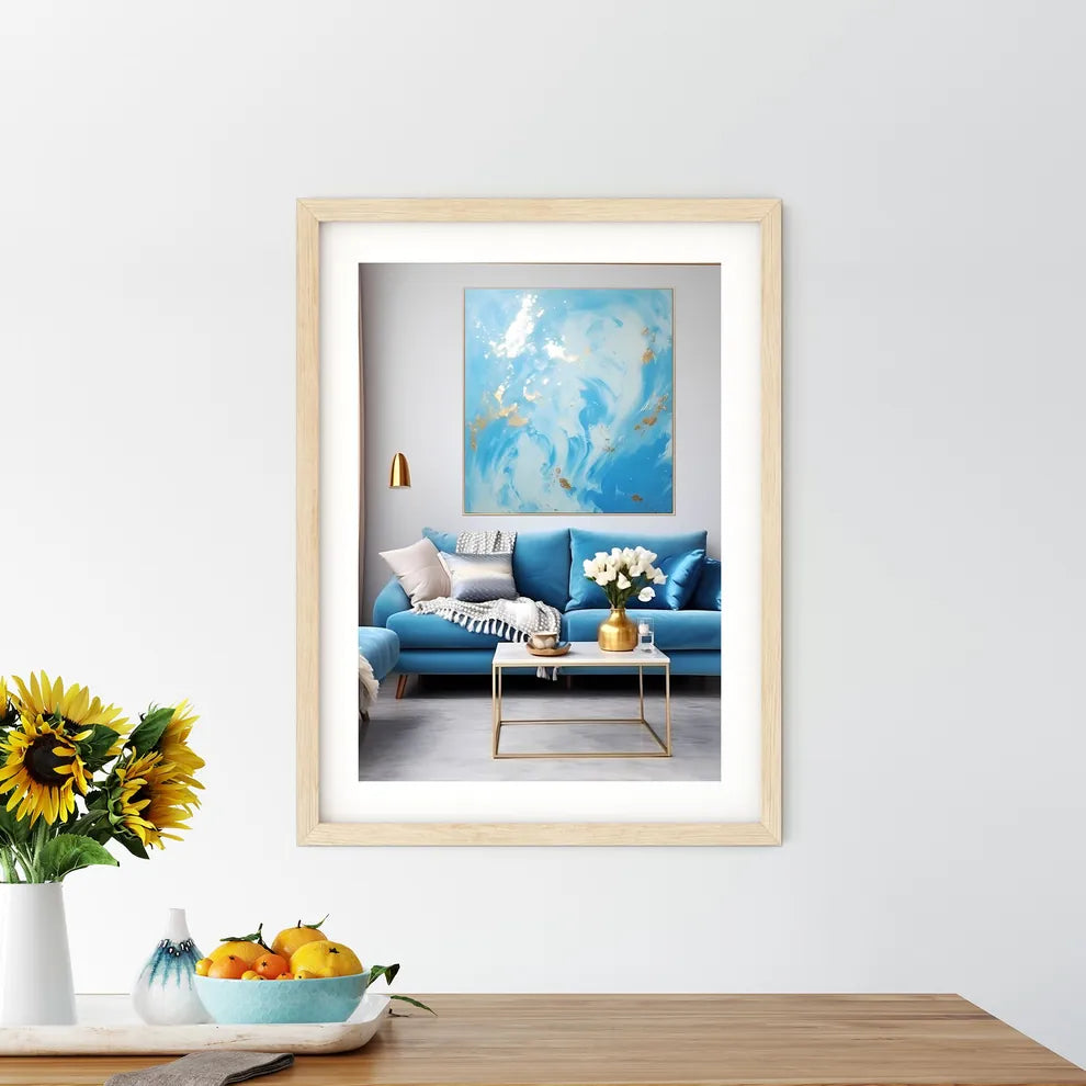 Blue And Gold Living Room With A Blue Couch And A Painting On The Wall Art Print
