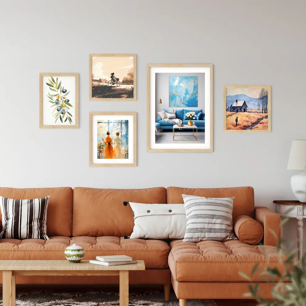 Blue And Gold Living Room With A Blue Couch And A Painting On The Wall Art Print