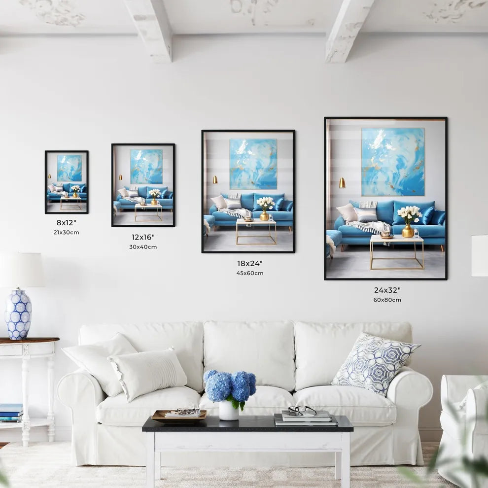 Blue And Gold Living Room With A Blue Couch And A Painting On The Wall Art Print