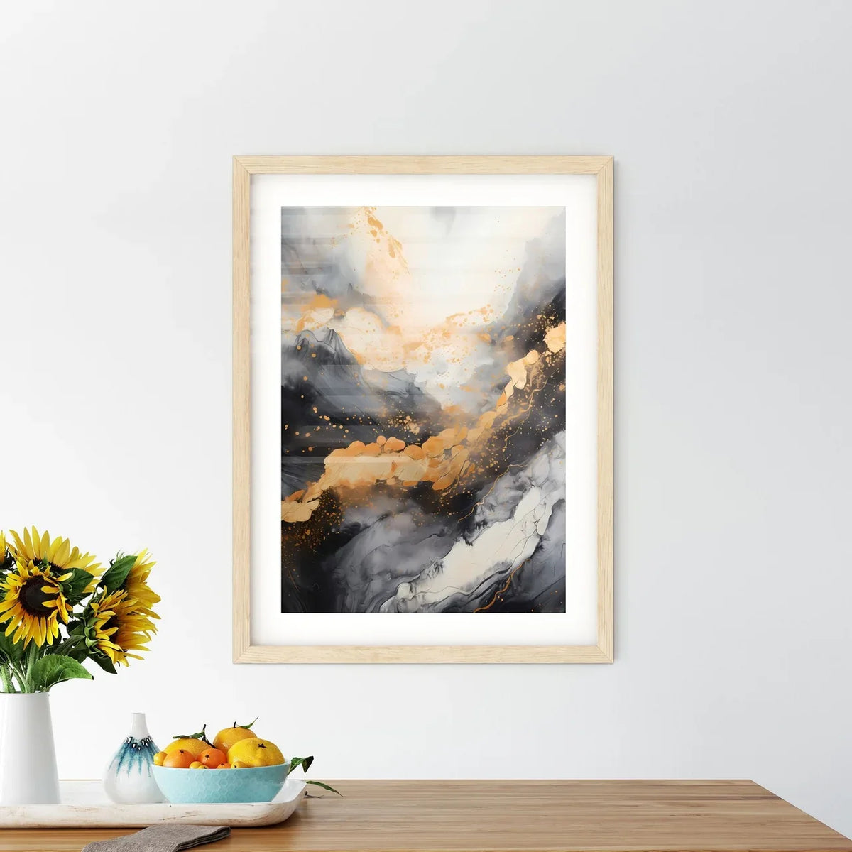 Abstract - A Black And White Painting With Orange And White Paint
