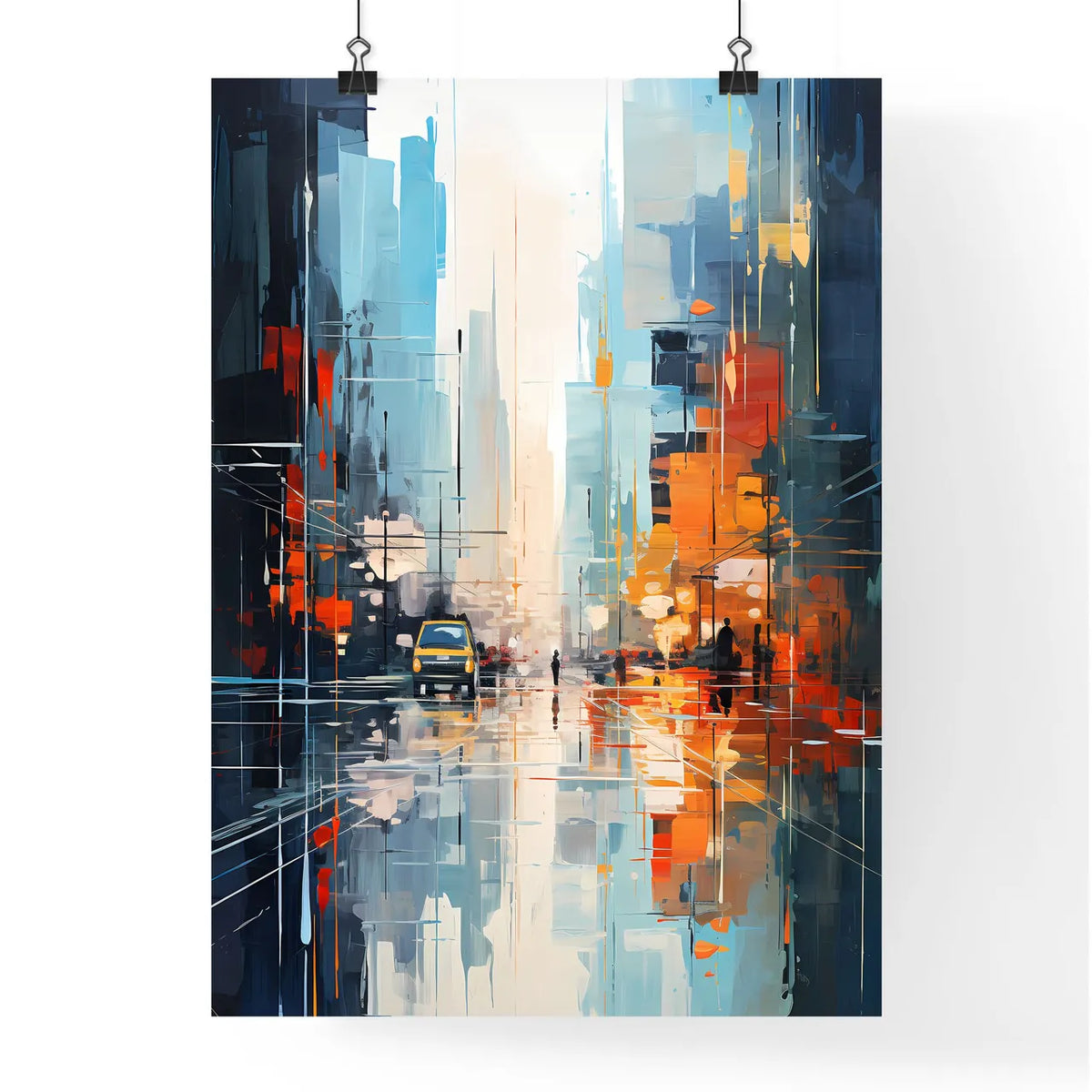 Abstract Art Of Cityscapeillustration Painting - A Painting Of A Street With A Car And People Walking On It