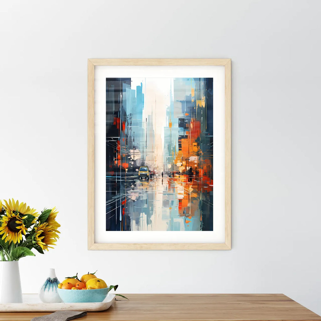 Abstract Art Of Cityscapeillustration Painting - A Painting Of A Street With A Car And People Walking On It