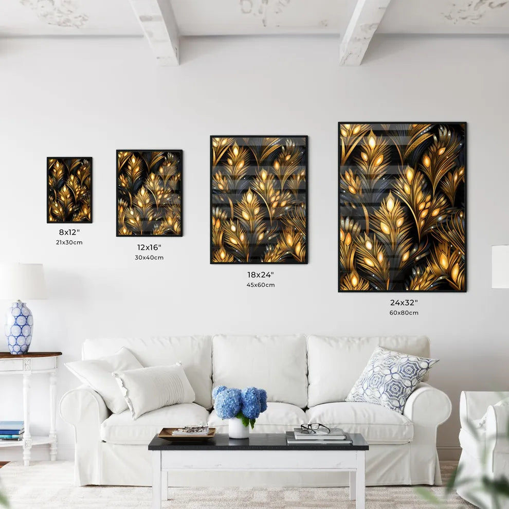 Dotted Geometric Ornament In Art Deco Style - A Pattern Of Gold And Black Feathers