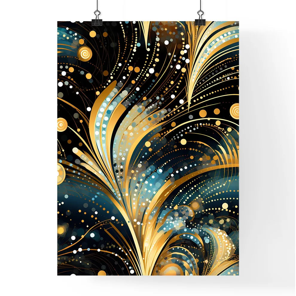 Dotted Geometric Ornament In Art Deco Style - A Gold And Blue Swirls And Dots