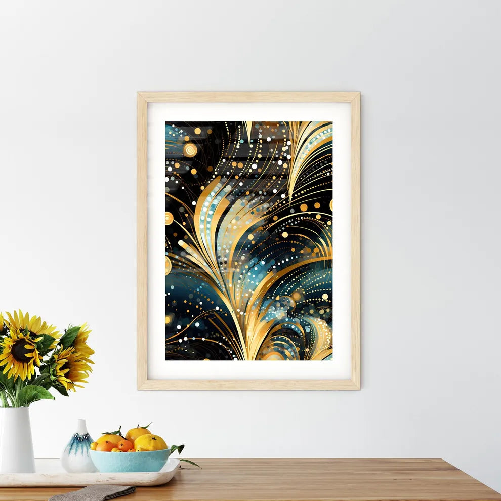 Dotted Geometric Ornament In Art Deco Style - A Gold And Blue Swirls And Dots