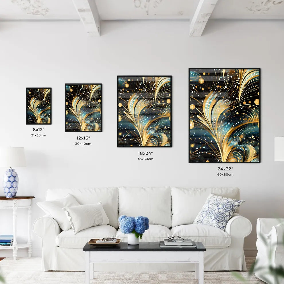 Dotted Geometric Ornament In Art Deco Style - A Gold And Blue Swirls And Dots