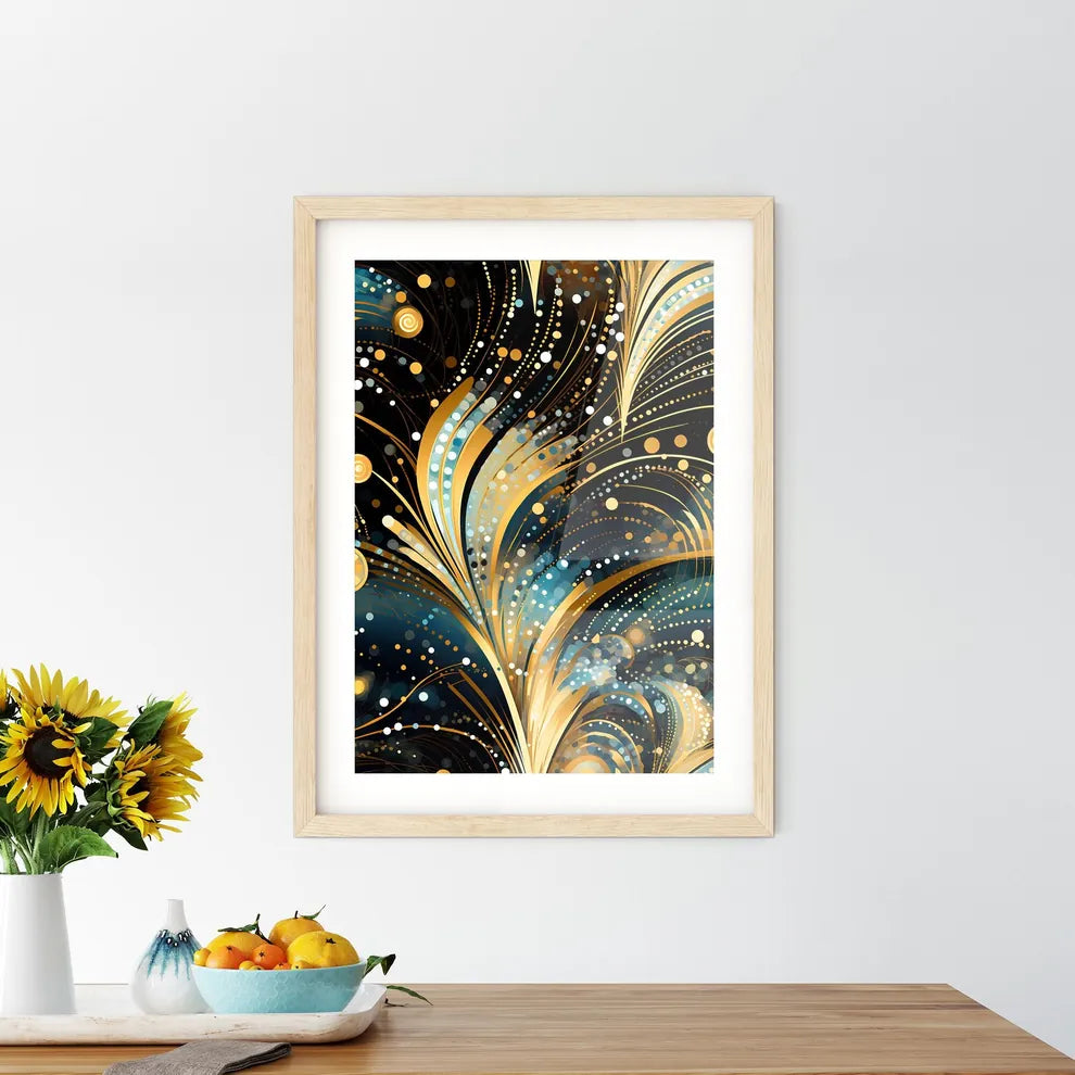 Dotted Geometric Ornament In Art Deco Style - A Gold And Blue Swirls And Dots