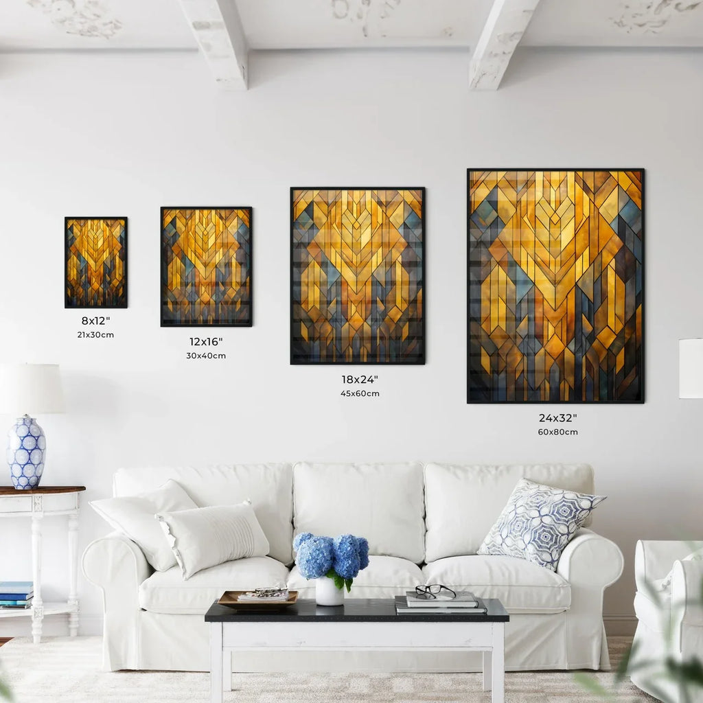 Geometric Ornament In Art Deco Style In Old Gold - A Stained Glass Window With Different Colored Shapes