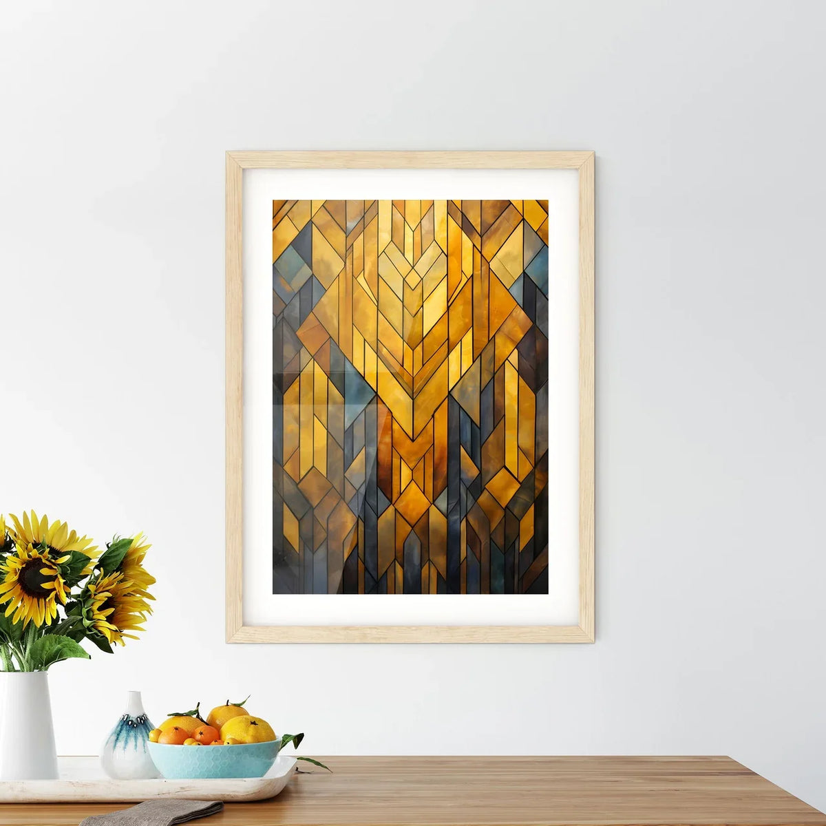Geometric Ornament In Art Deco Style In Old Gold - A Stained Glass Window With Different Colored Shapes