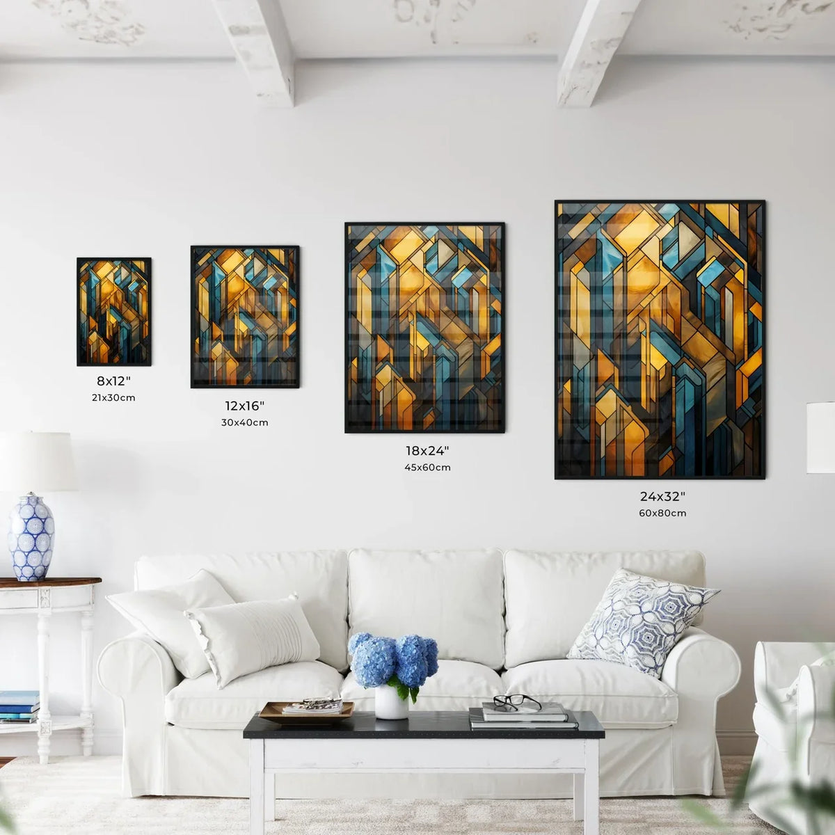 Geometric Ornament In Art Deco Style In Old Gold - A Stained Glass Window With Many Different Colored Shapes