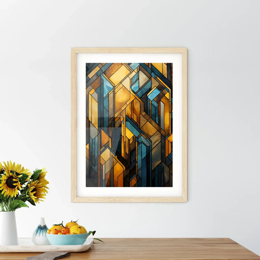 Geometric Ornament In Art Deco Style In Old Gold - A Stained Glass Window With Many Different Colored Shapes