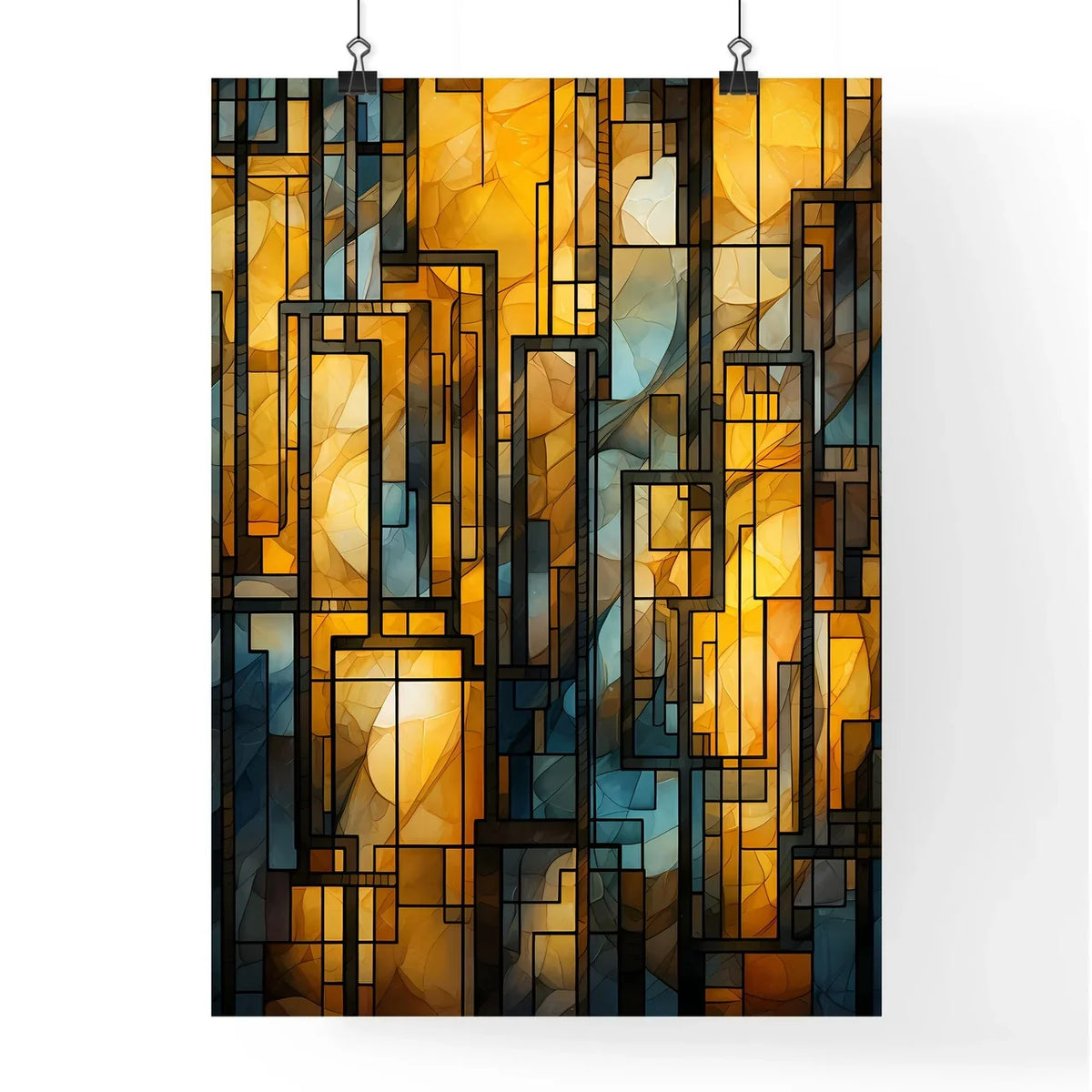 Geometric Ornament In Art Deco Style In Old Gold - A Stained Glass Window With Black Lines