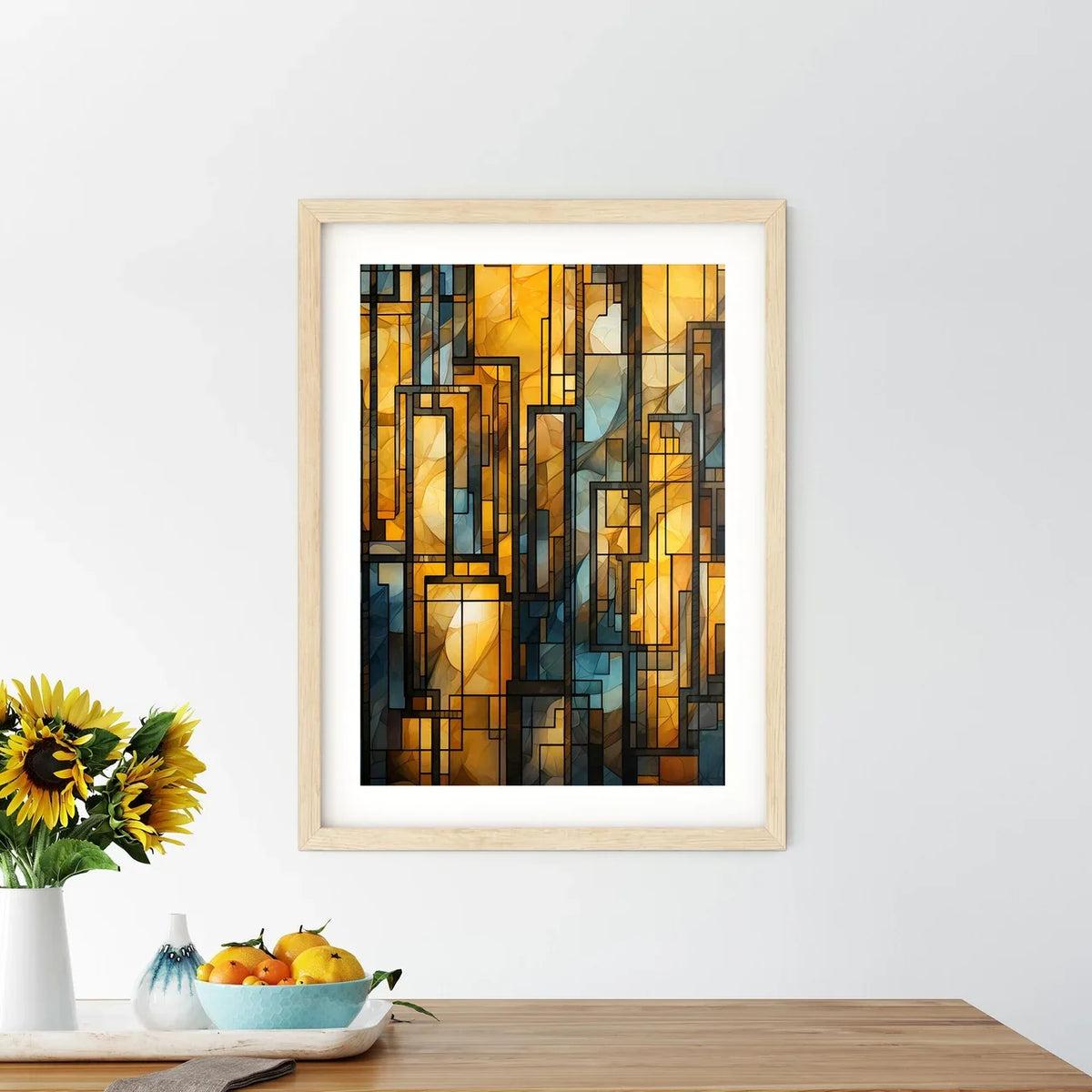 Geometric Ornament In Art Deco Style In Old Gold - A Stained Glass Window With Black Lines