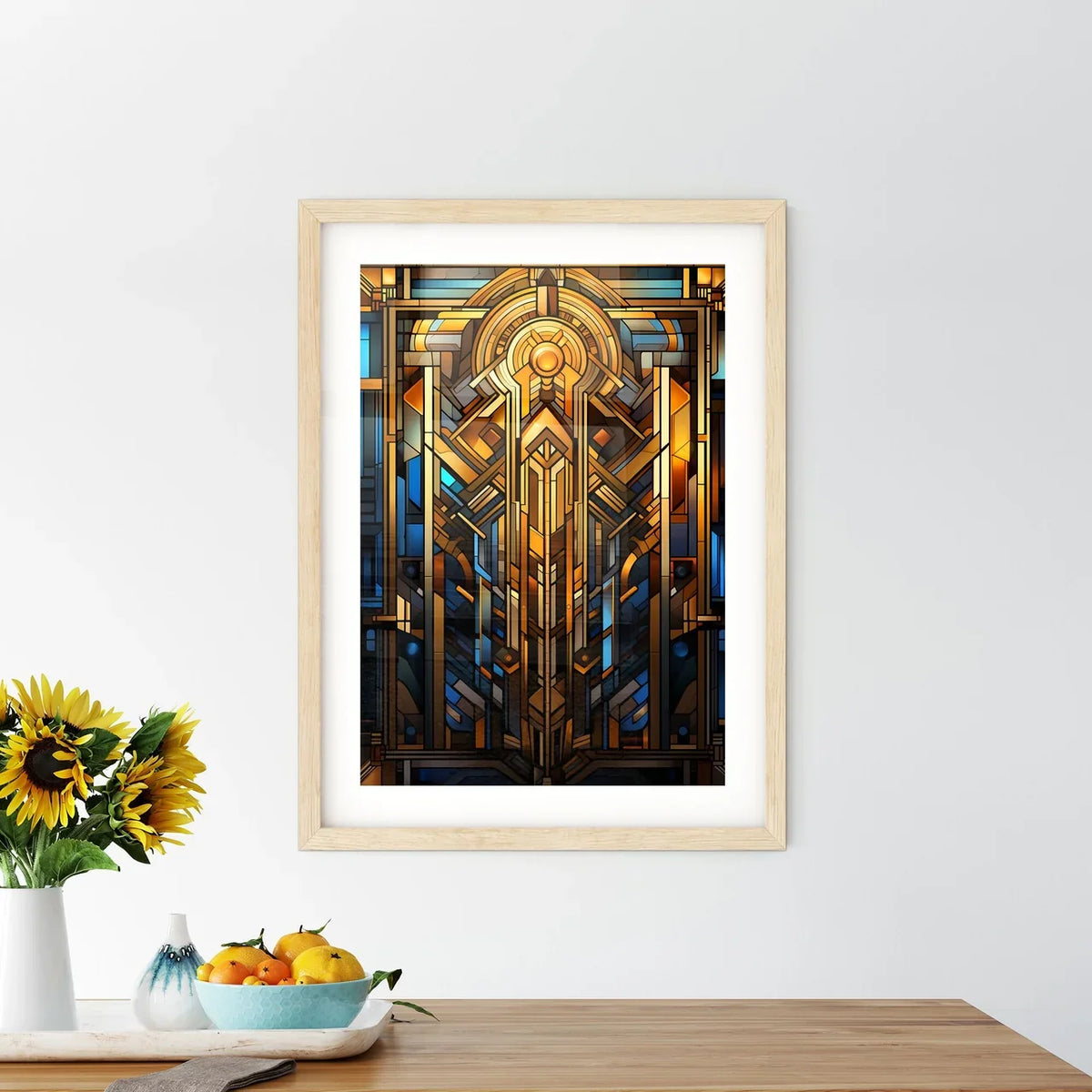 Geometric Ornament In Art Deco Style In Old Gold - A Stained Glass Window With A Design