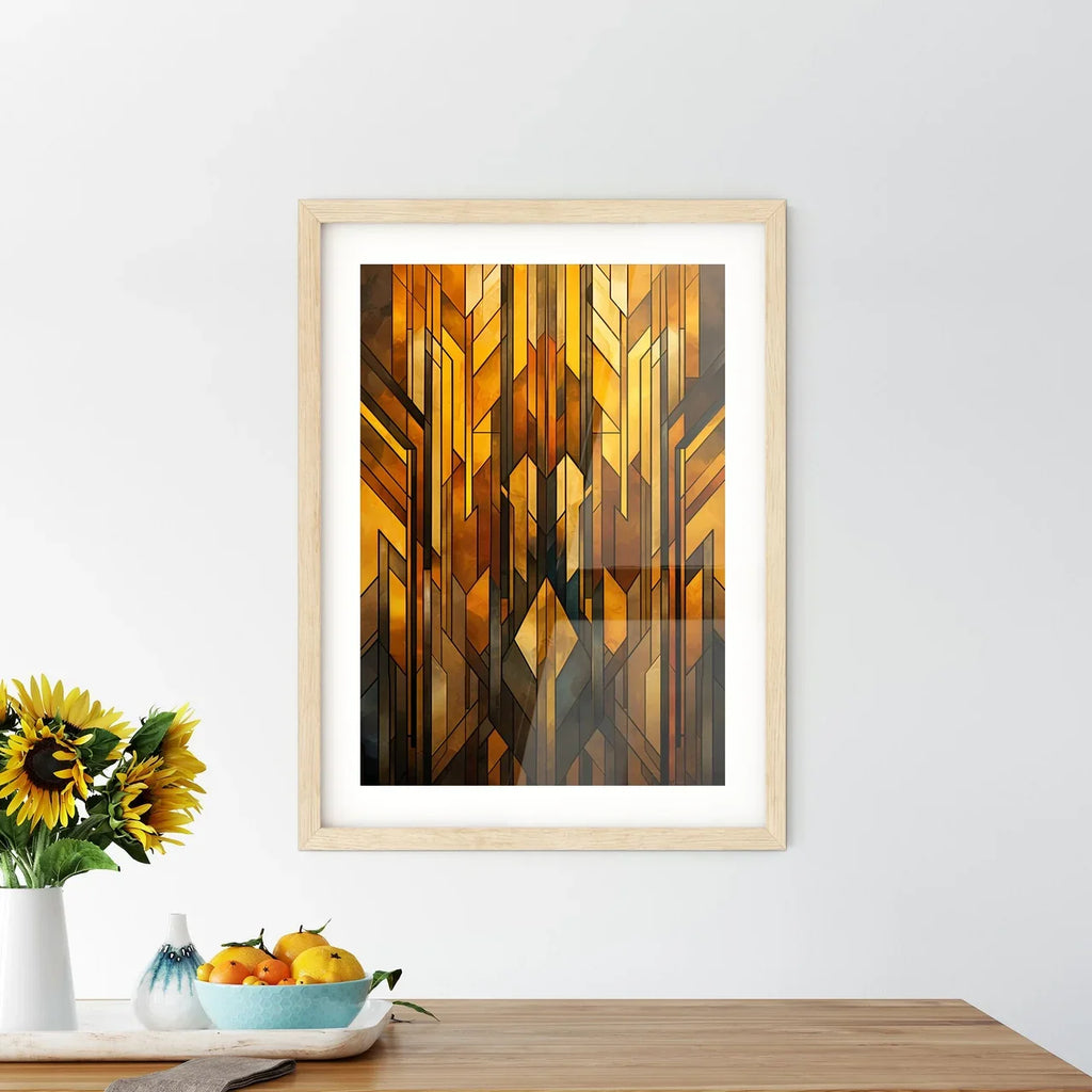 Geometric Ornament In Art Deco Style In Old Gold - A Stained Glass Window With Many Different Colored Shapes