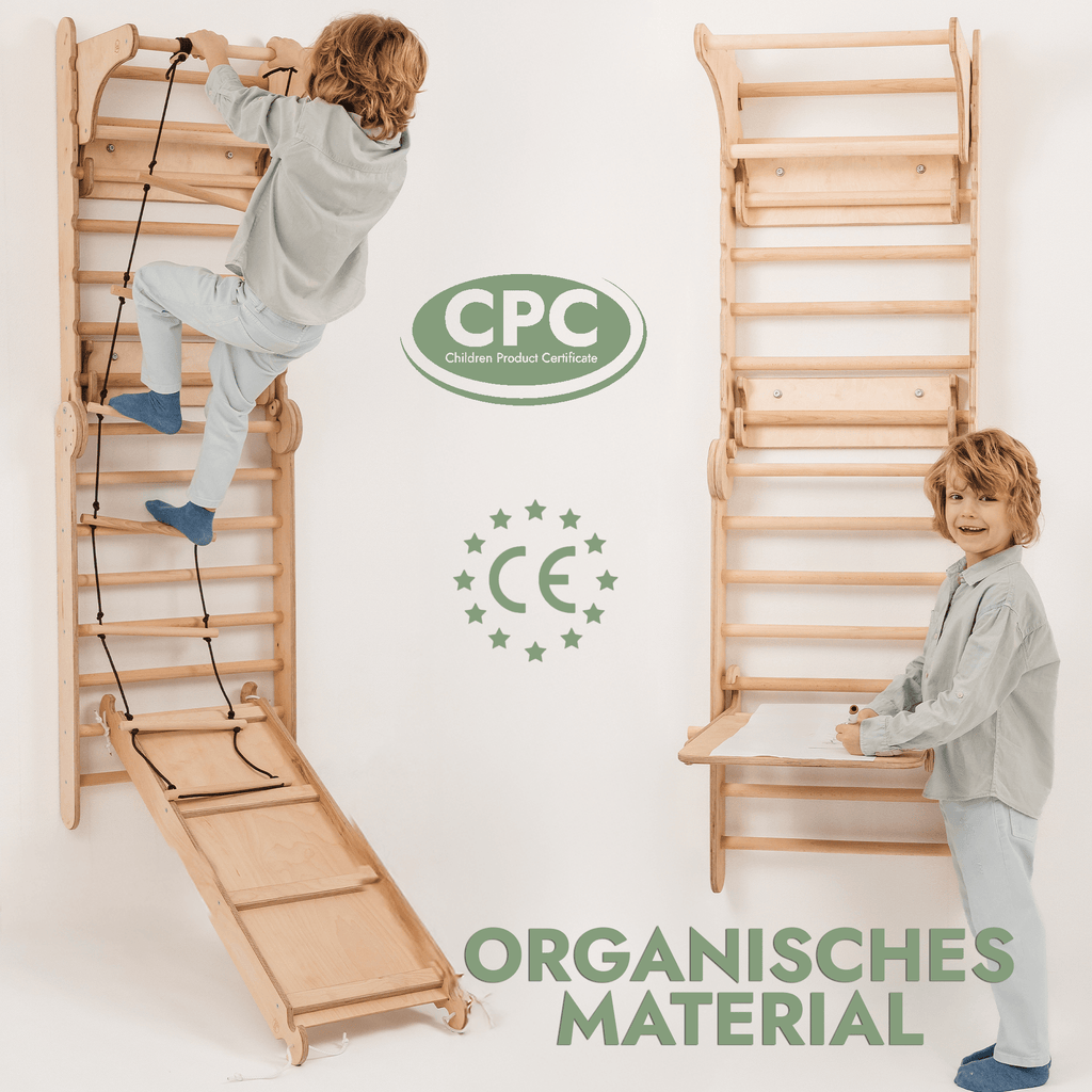 8in1 Kletterwand Indoor: Sprossenwand, Gymnastikringe, Hängende Leiter, Disc-Schaukel, Rutsche, Klimmzugstange, Maltafel und Kinderstuhl für Kinder – Beige