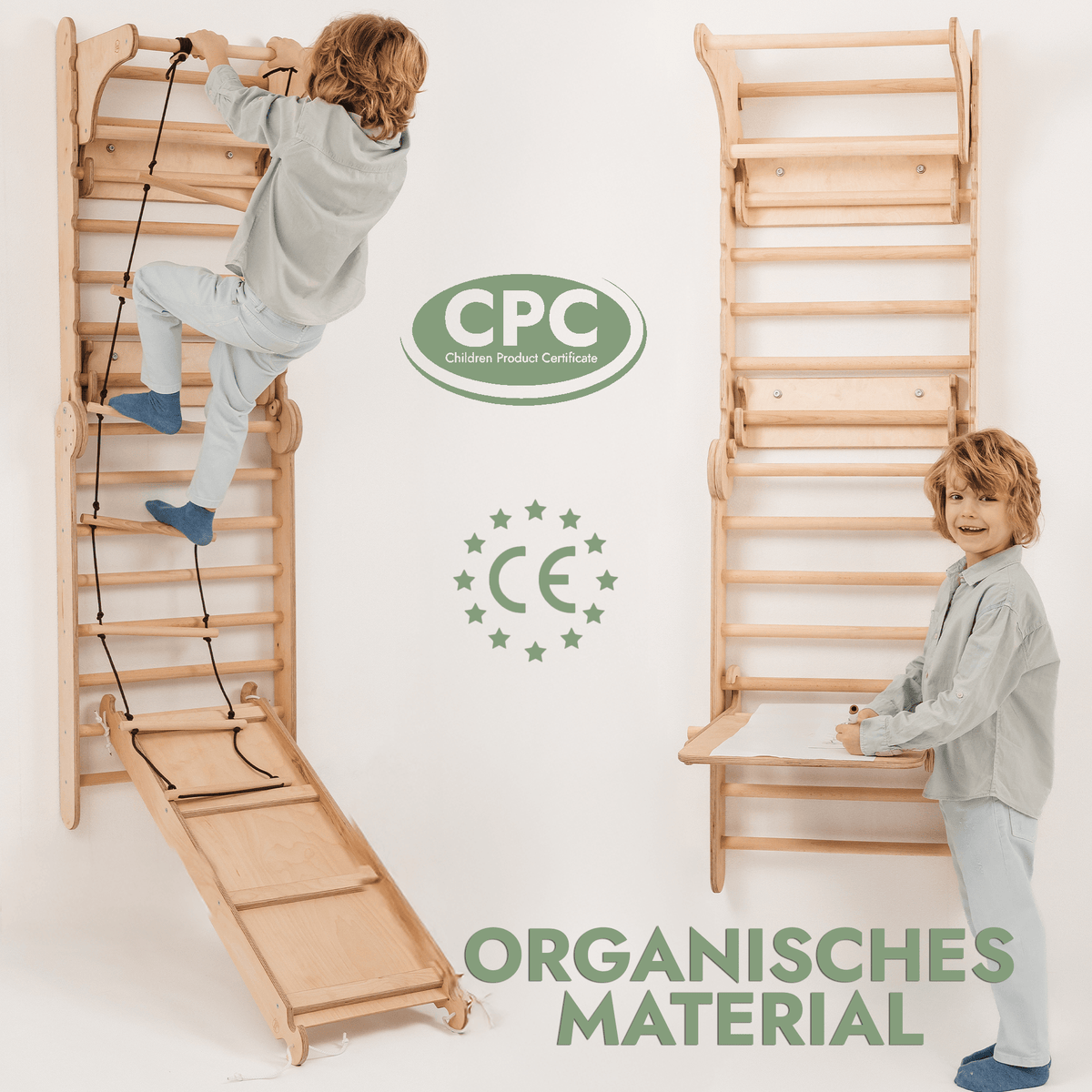 8in1 Kletterwand Indoor: Sprossenwand, Gymnastikringe, Hängende Leiter, Disc-Schaukel, Rutsche, Klimmzugstange, Maltafel und Kinderstuhl für Kinder – Beige