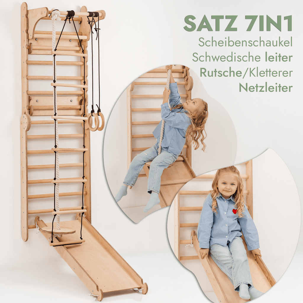 8in1 Kletterwand Indoor: Sprossenwand, Gymnastikringe, Hängende Leiter, Disc-Schaukel, Rutsche, Klimmzugstange, Maltafel und Kinderstuhl für Kinder – Beige