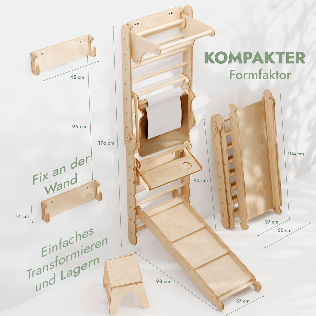 8in1 Kletterwand Indoor: Sprossenwand, Gymnastikringe, Hängende Leiter, Disc-Schaukel, Rutsche, Klimmzugstange, Maltafel und Kinderstuhl für Kinder – Beige