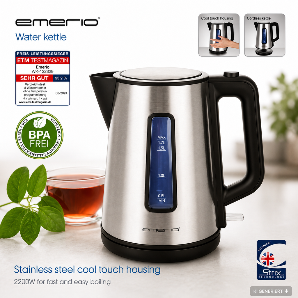 Emerio Wasserkocher 1,7L 2200W Cool Touch Edelstahl Schwarz BPA-frei F3