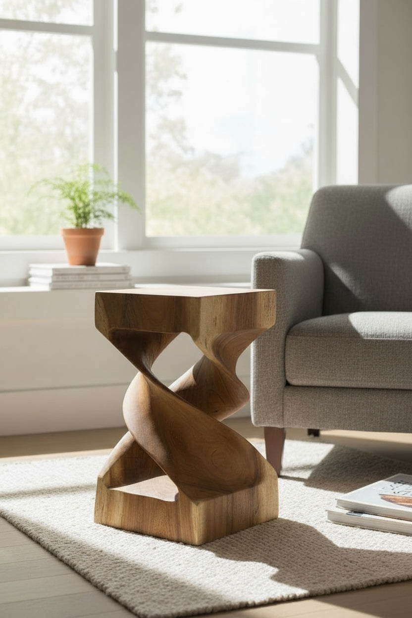 Holz Beistelltisch -  Holzhocker Couchtisch - Handgefertigt - Gedreht aus massivem Suarholz - 50x28x28 cm
