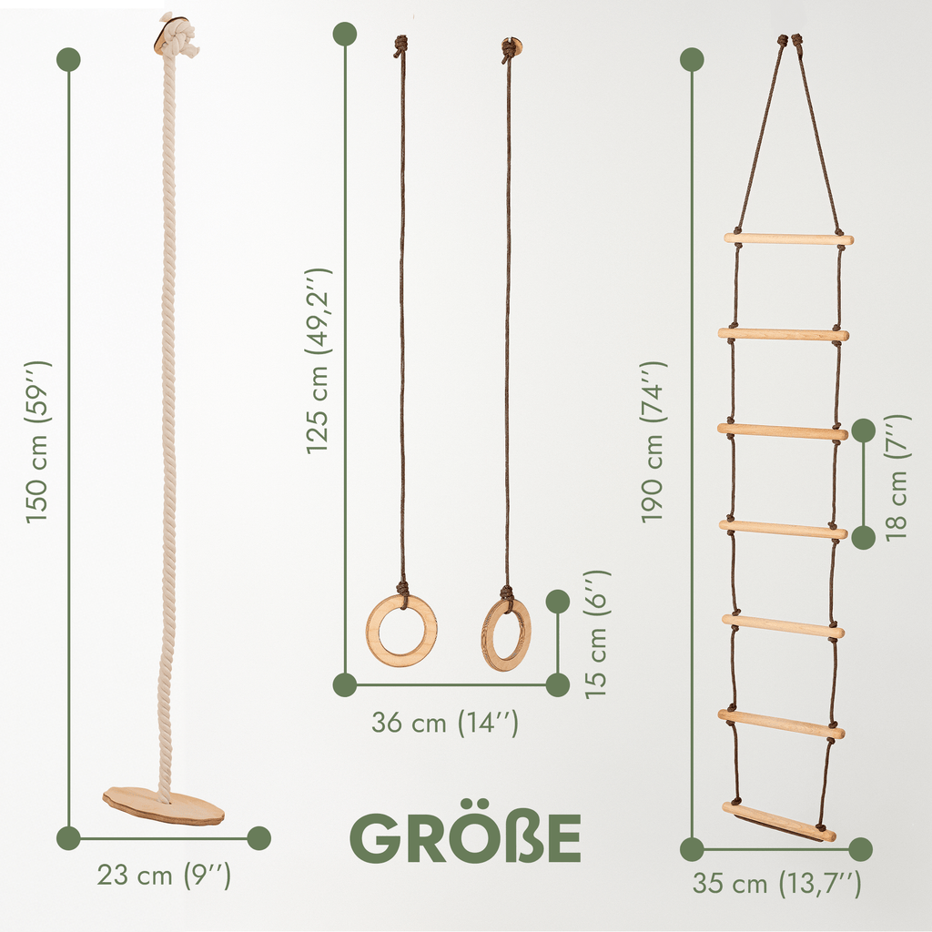 Set aus drei Schaukeln: Scheibe + Ringe + Strickleiter