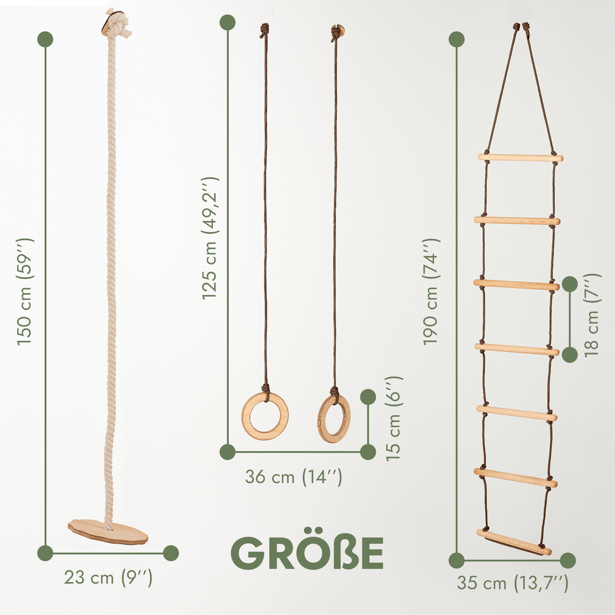 Set aus drei Schaukeln: Scheibe + Ringe + Strickleiter